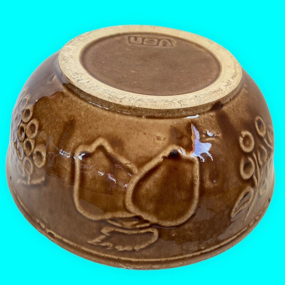 Vintage Brown Stoneware 9” Mixing Bowl Raised Fruit Design – Marked USA
